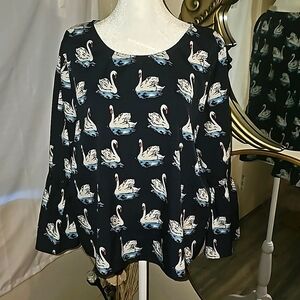 Liqourish blouse white swan print bell sleeves Euro size 14